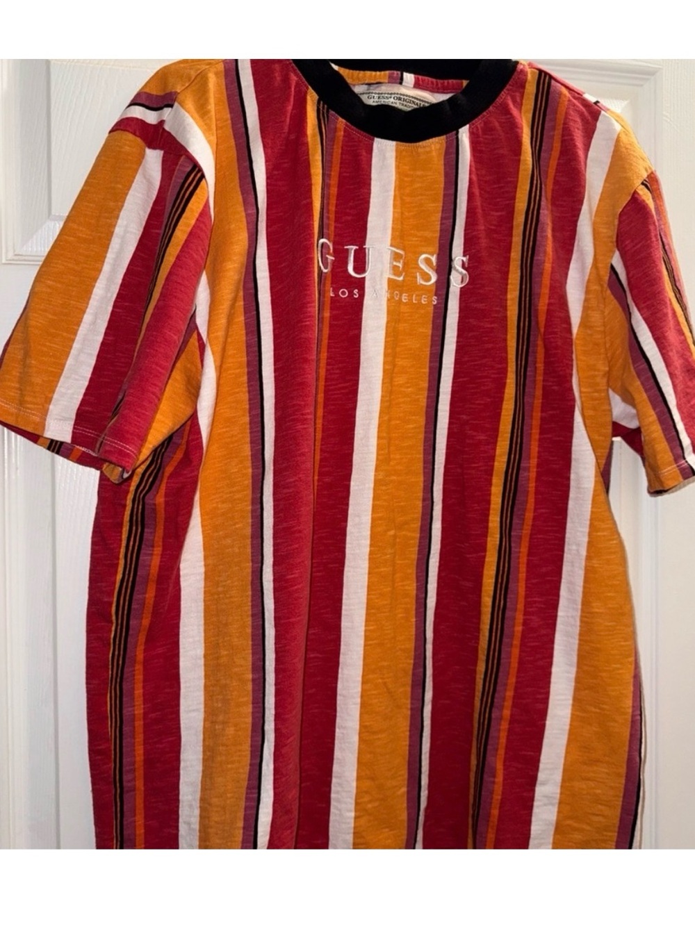 Guess Men’s Vertical Stripe Short Sleeve Tee — Red, Orange & White